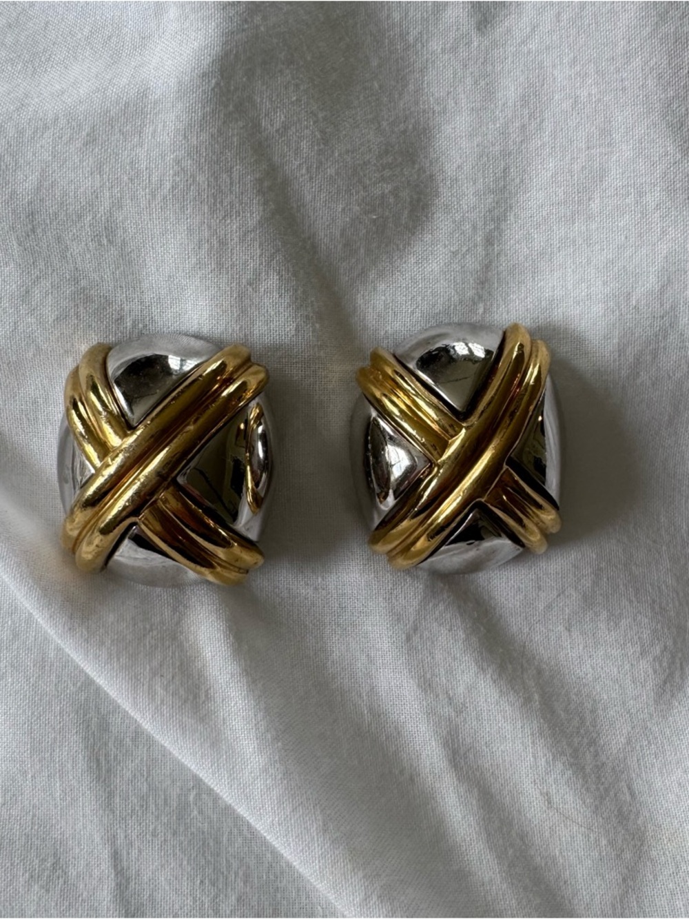 Vintage Ciner Two-Tone Gold and Silver Crisscross Clip-On Earrings